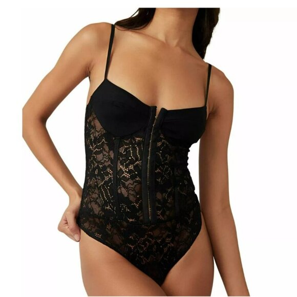 Free People Intimately Lace Mesh Night Rhythm Corset Black Bodysuit Size M - NEW - Picture 2 of 16
